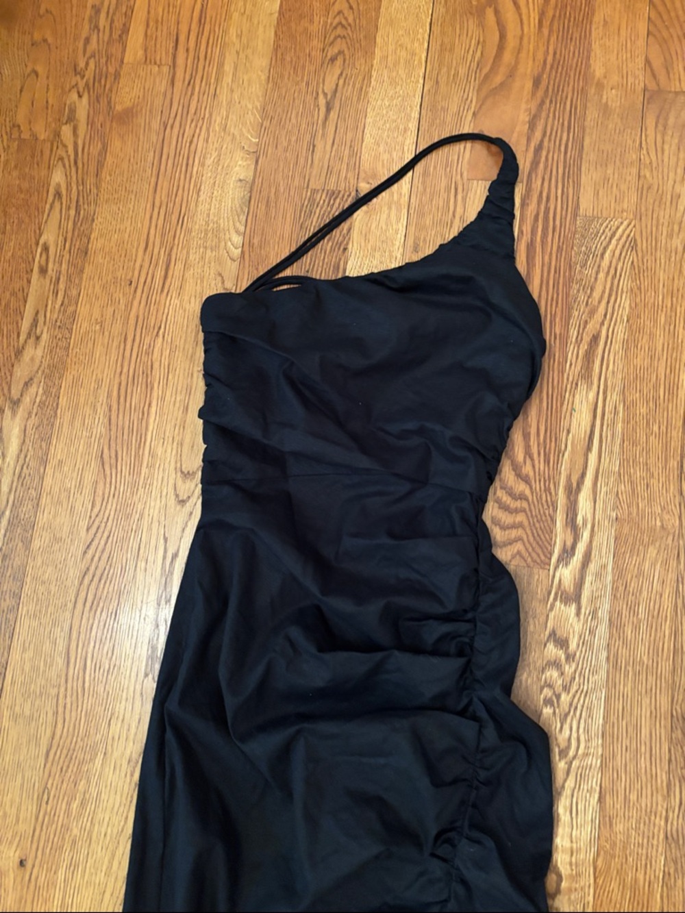Zara draped ruched linen blend one shoulder front slit black midi dress sz.S - Picture 2 of 11